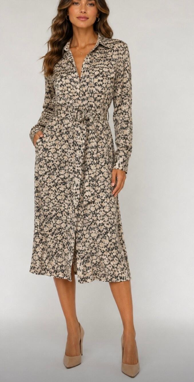 H&M NWT Animal Print Utility Shirt Dress Belted Maxi Midi Size L